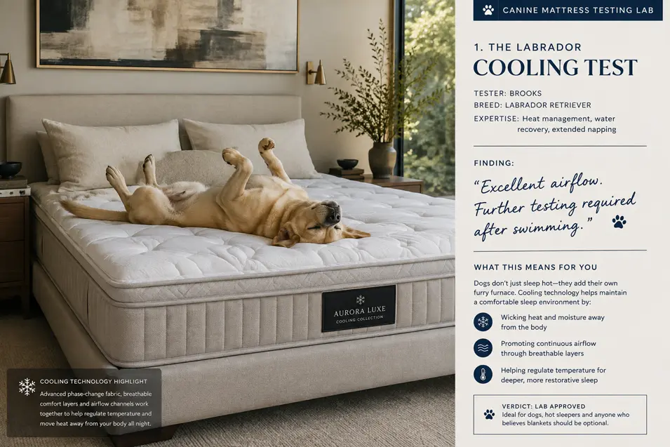 A Labrador tests a luxury cooling mattress, sprawled belly-up beside a playful “Canine Mattress Testing Lab” review.