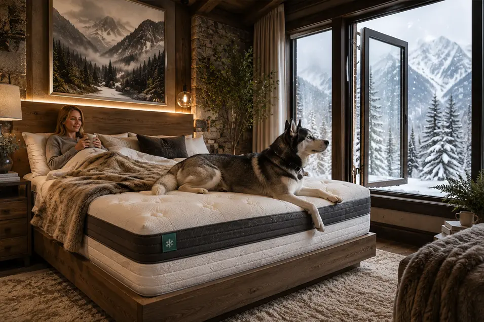 A Husky relaxes on a luxury mattress beside its owner in a cozy mountain bedroom overlooking a snowy alpine landscape.