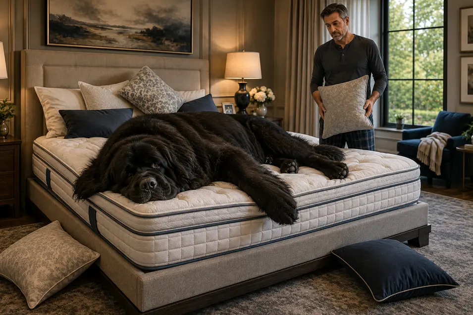 A massive Newfoundland sprawls across a luxury mattress while its owner stands nearby, surrounded by pillows the dog has displaced.