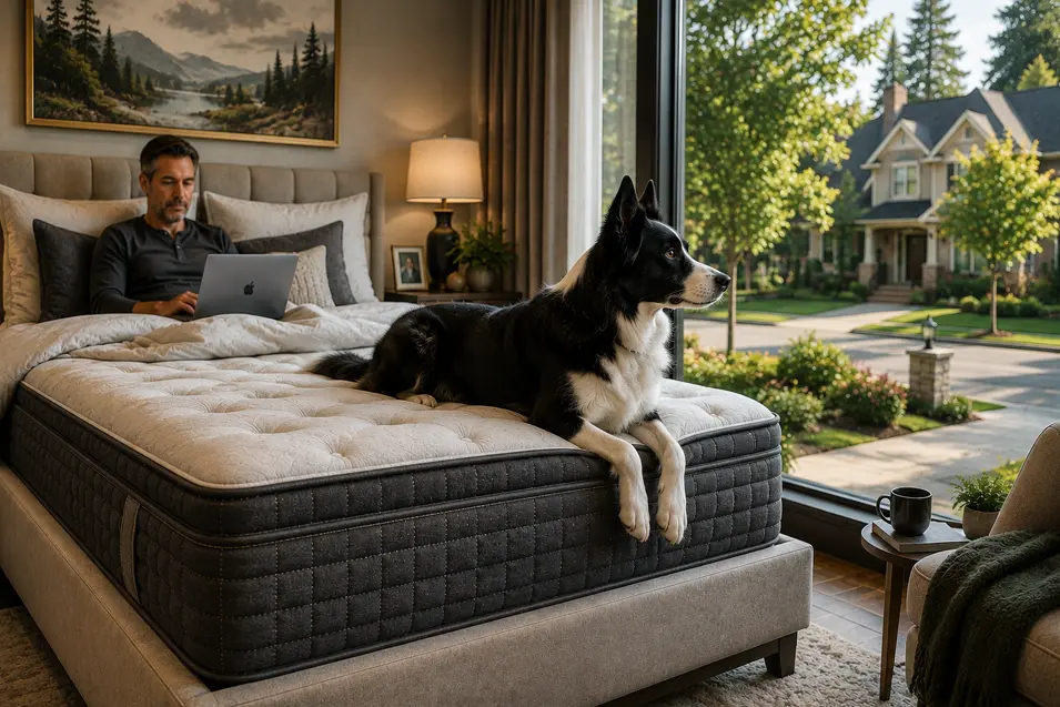 A Border Collie lounges on a luxury mattress while its owner works nearby, overlooking a bright, leafy suburban neighborhood.