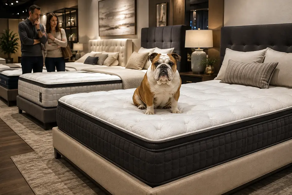 A Bulldog tests a plush mattress in a luxury showroom while a couple carefully considers their options in the background.