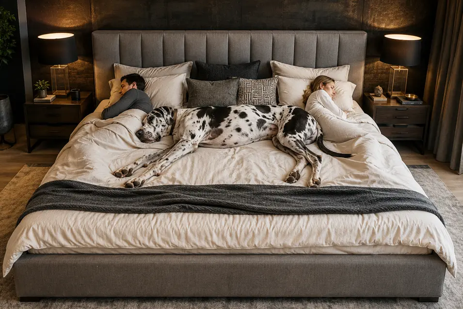 A Great Dane sprawls across a king-size bed, claiming most of the space while two people sleep squeezed along the edges.