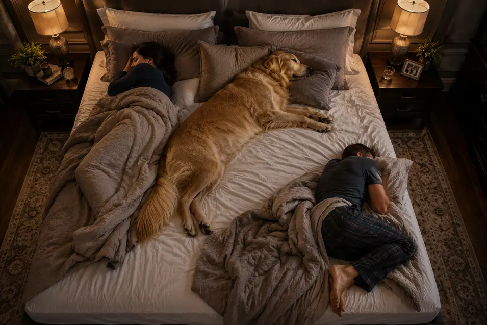 A Golden Retriever takes over the middle of a large bed, leaving its two owners curled up on opposite edges.