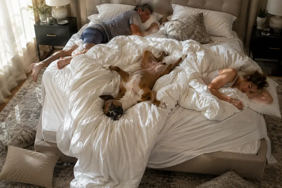 A Boxer sleeps belly-up in the middle of a messy bed, leaving its two owners clinging to opposite sides.