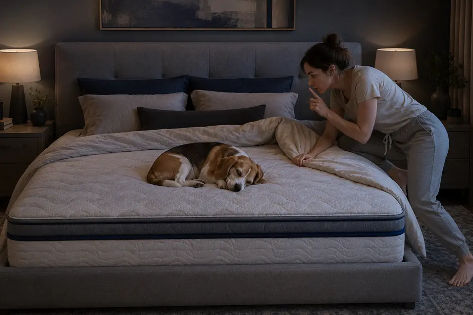 A woman quietly pulls back the bedding while a sleepy Beagle curls up on the exposed mattress in a softly lit bedroom.