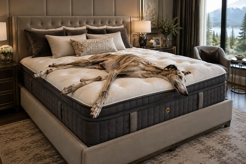 A Greyhound stretches luxuriously across a plush mattress in an elegant bedroom with sweeping mountain and lake views.