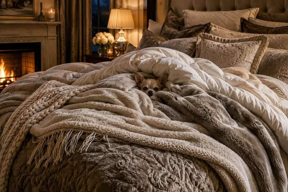 A tiny Chihuahua burrows deep beneath layers of luxurious blankets on a cozy bed beside a glowing fireplace.