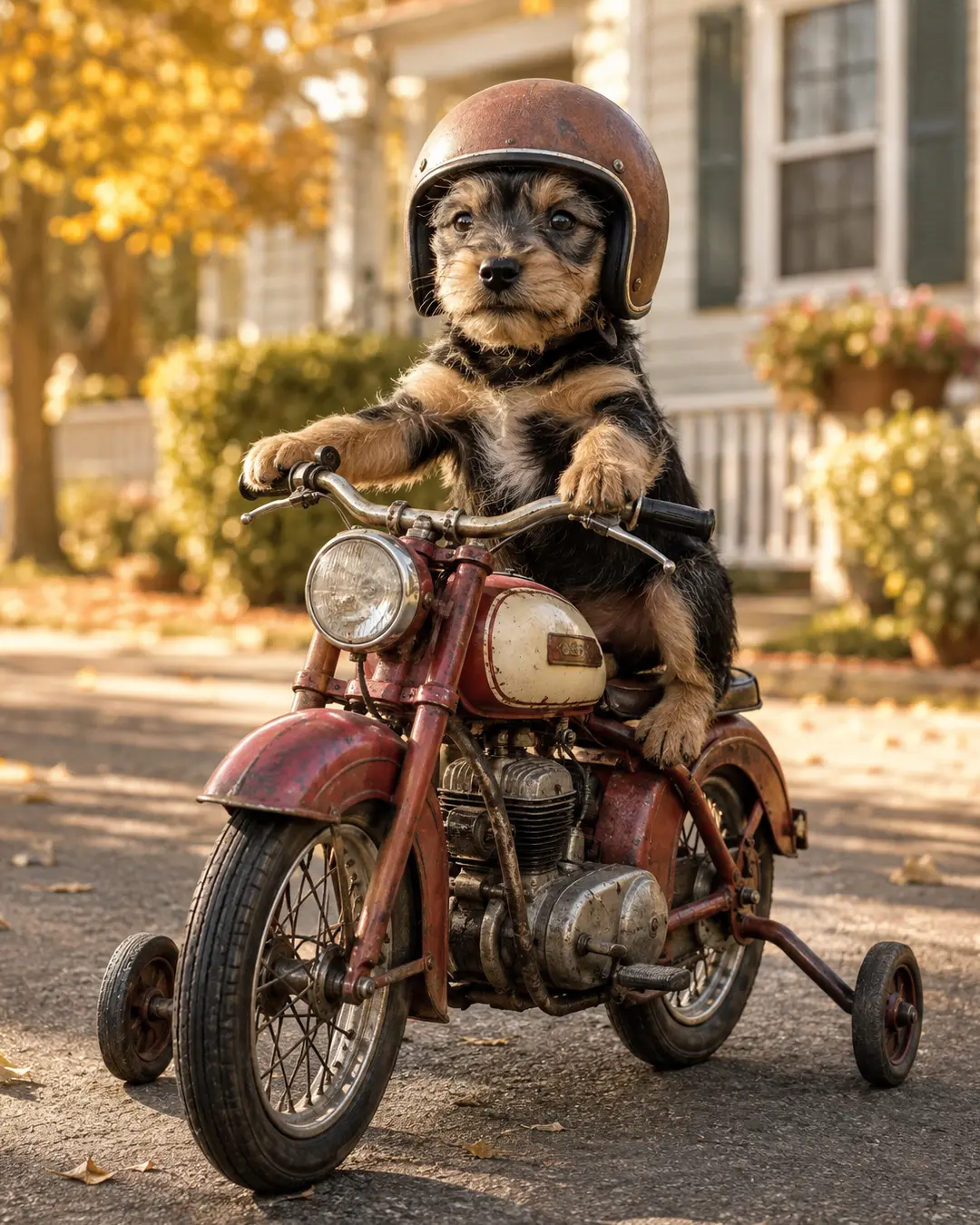 A helmeted puppy rides a tiny vintage motorcycle with training wheels along a sunlit suburban street in autumn.