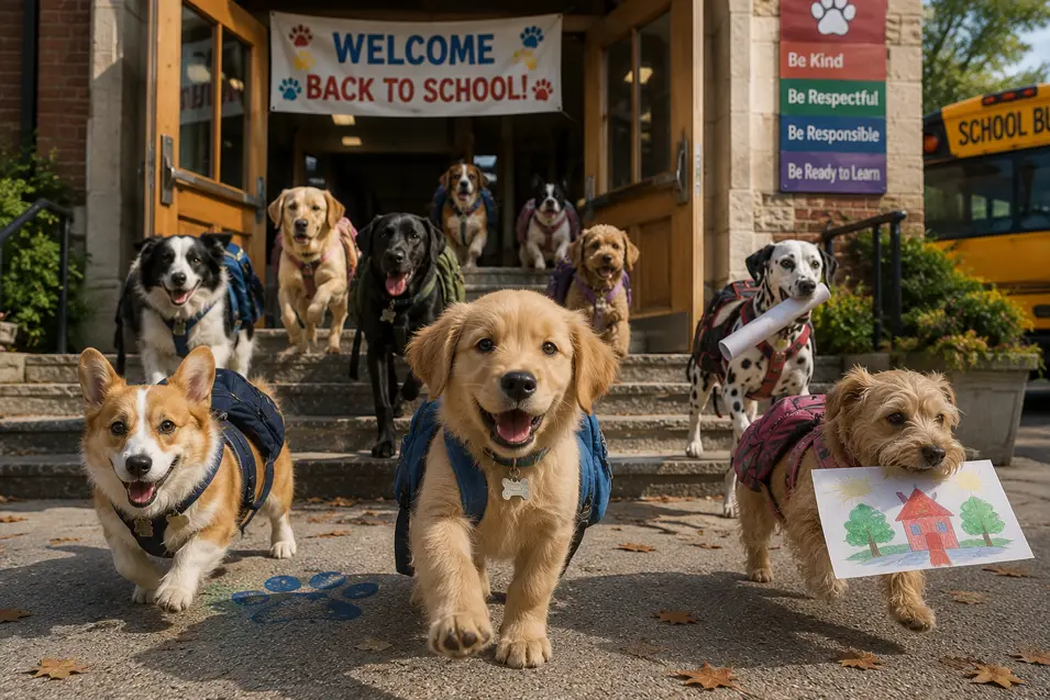 Happy canine students race out of school with backpacks, artwork and assignments as a school bus waits nearby.