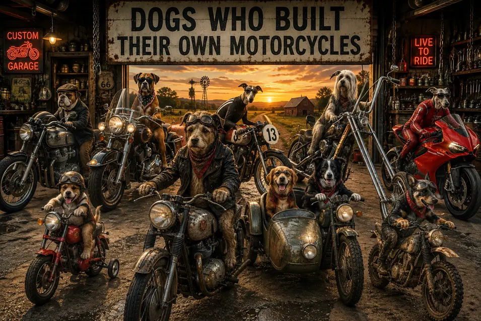 A rowdy crew of biker dogs proudly show off their custom motorcycles inside a rustic garage as the sun sets over the countryside.