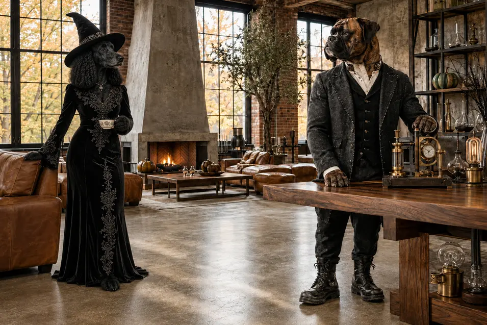 A witch and Frankenstein Boxer share a refined industrial loft filled with warm leather, antique instruments and understated Halloween details.