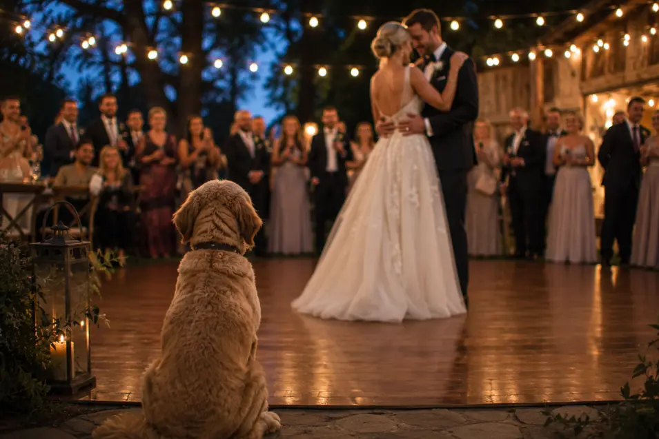 A dog watches the newlyweds share their first dance beneath glowing string lights as wedding guests gather around.