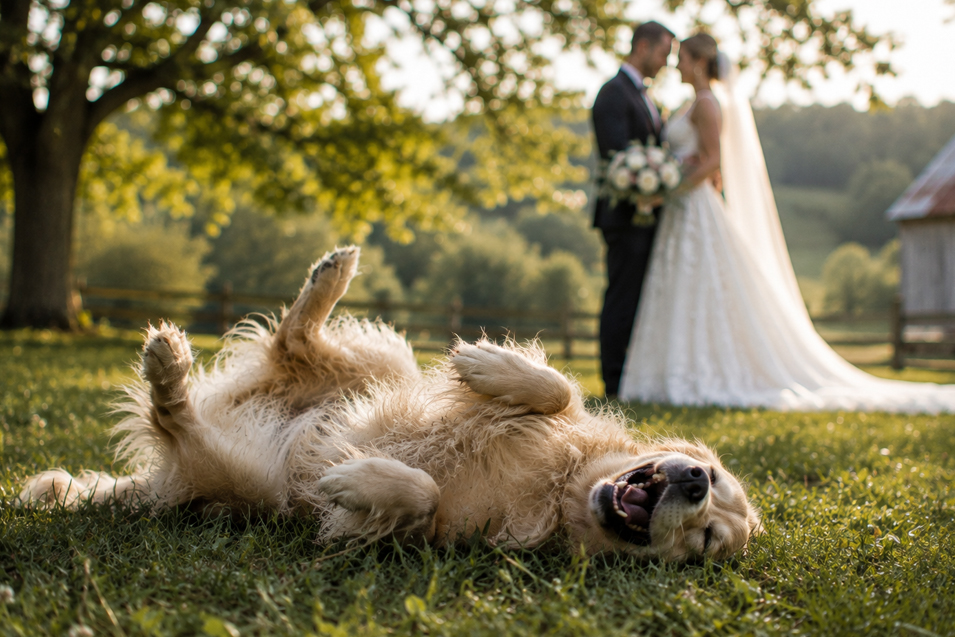 A carefree dog rolls happily in the grass while a newlywed couple shares a romantic moment at a sunlit country wedding.
