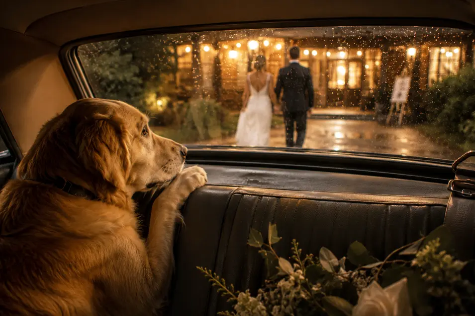 Golden Retriever watches through a rain-speckled car window as the newlyweds walk away from their warmly lit wedding celebration.