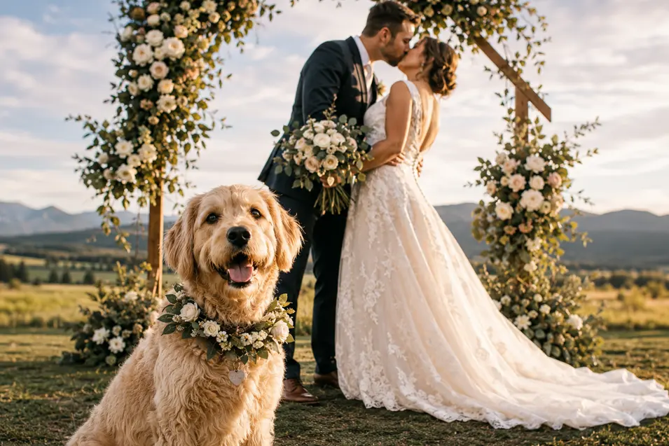 Happy dog in a floral collar sits before newlyweds kissing beneath a flower-covered arch at a beautiful countryside wedding.