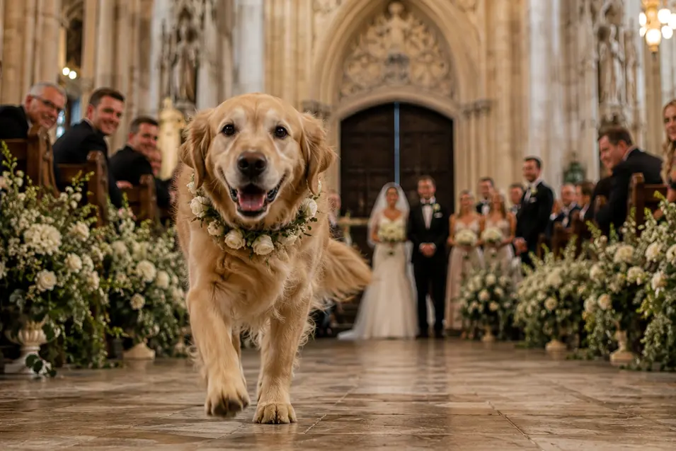 A cheerful dog wearing a floral collar walks down a flower-lined church aisle as the wedding party and guests look on.
