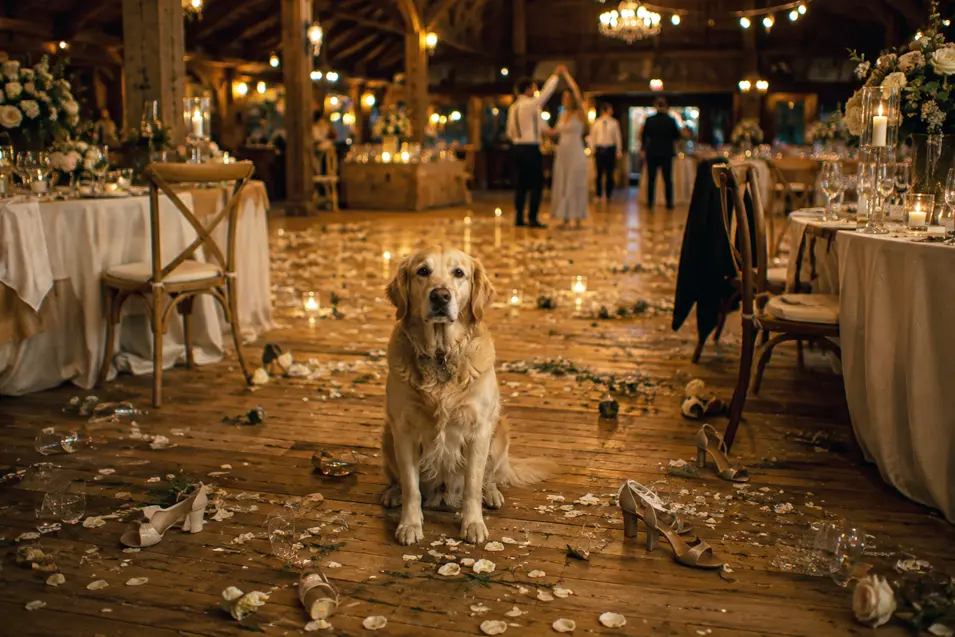 Golden Retriever sits amid the joyful aftermath of a rustic wedding reception as the newlyweds dance beneath twinkling lights.