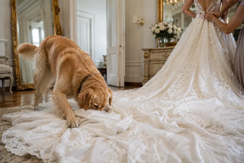 A playful dog sniffs and paws at the bride’s sweeping lace train while a bridesmaid helps fasten her wedding gown.