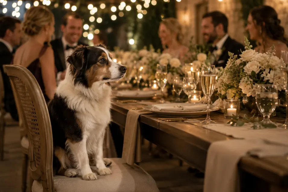 A dog sits proudly at an elegant candlelit wedding reception table as guests celebrate beneath glowing string lights.
