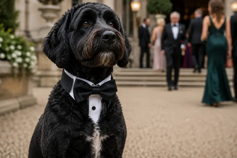 A dapper black dog in a tuxedo sits outside an elegant wedding venue as formally dressed guests mingle in the background.
