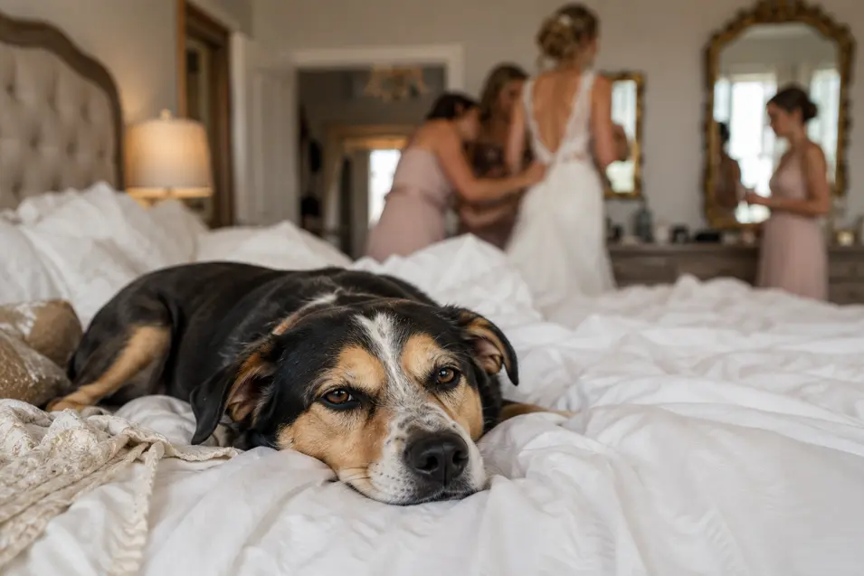 A relaxed dog lounges on a bed while a bride and bridesmaids get ready for the wedding in the softly blurred background.