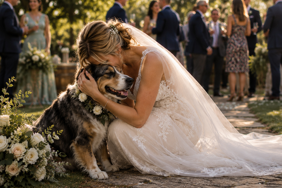 A bride shares a tender cuddle with her flower-adorned dog during a beautiful sunlit outdoor wedding celebration.