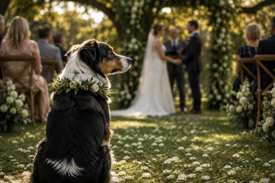 A flower-crowned dog watches quietly as a couple exchanges vows beneath a romantic floral arch at a sunlit outdoor wedding.
