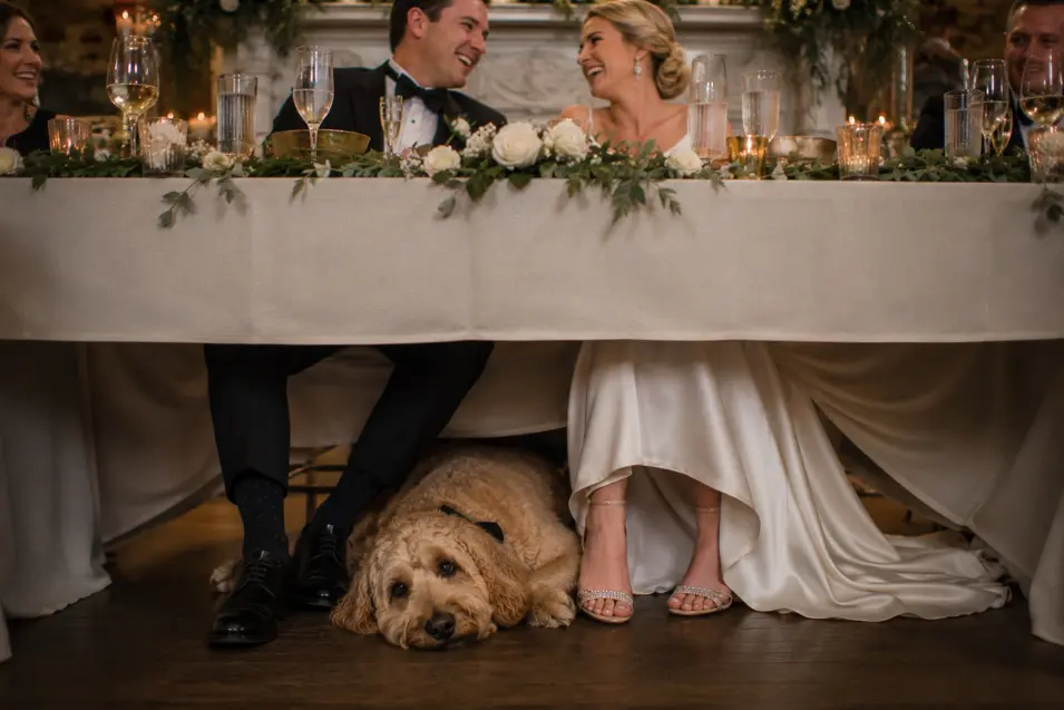 A relaxed dog naps beneath the sweetheart table as the newlyweds laugh together during their warmly lit wedding reception.
