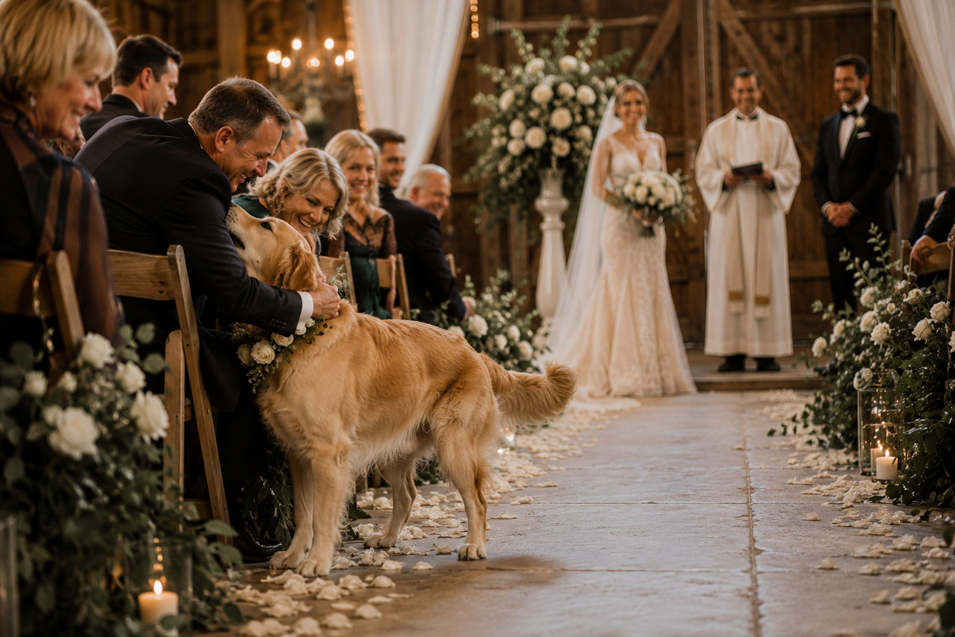 A playful Golden Retriever steals the spotlight during a romantic barn wedding ceremony, delighting guests along the flower-lined aisle.