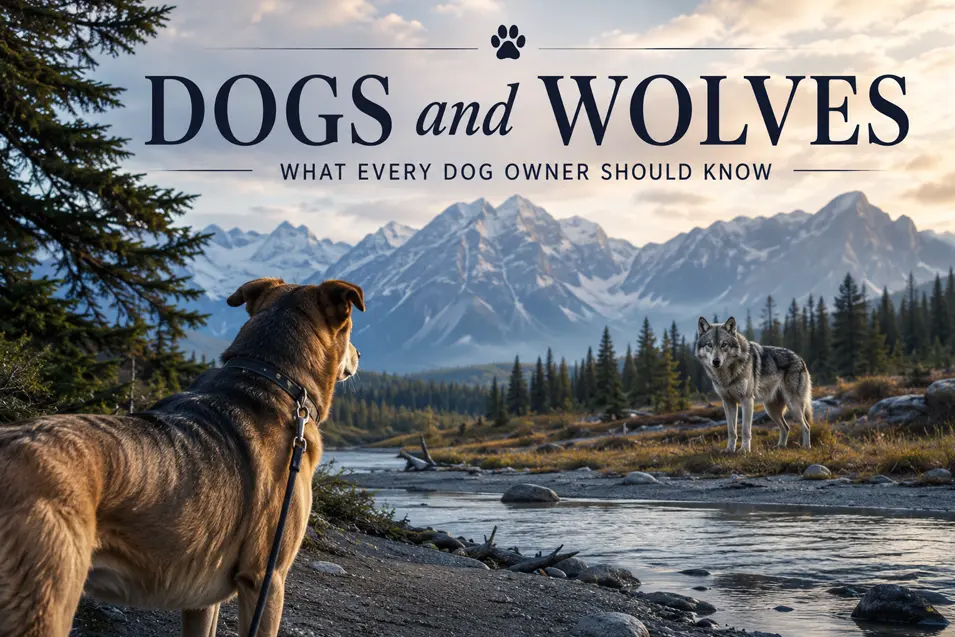 A leashed dog watches a gray wolf across a mountain river, surrounded by evergreens and snow-capped peaks.