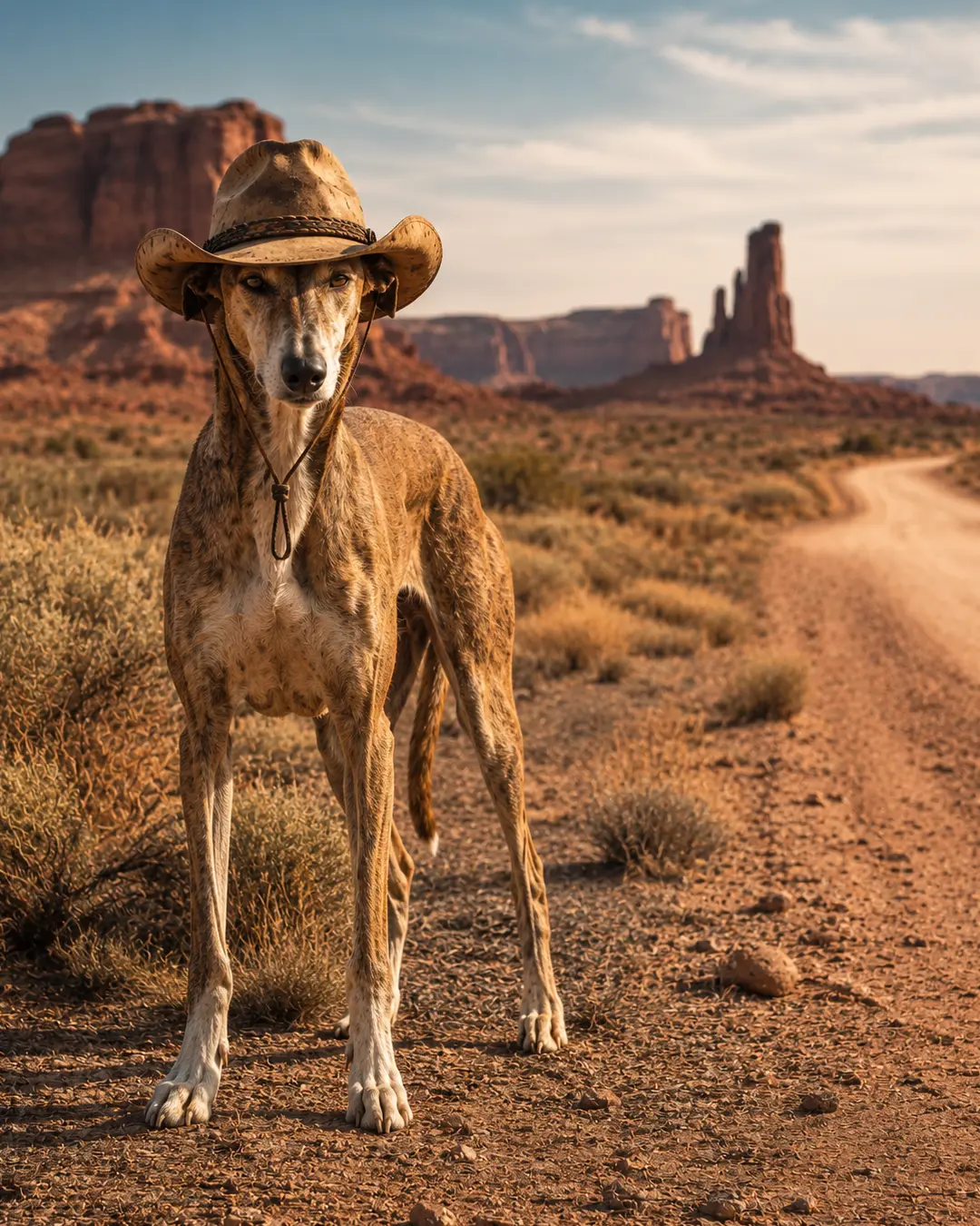 A slender brindle dog in a straw cowboy hat stands on a desert trail, surrounded by dramatic red rock formations in warm golden light.