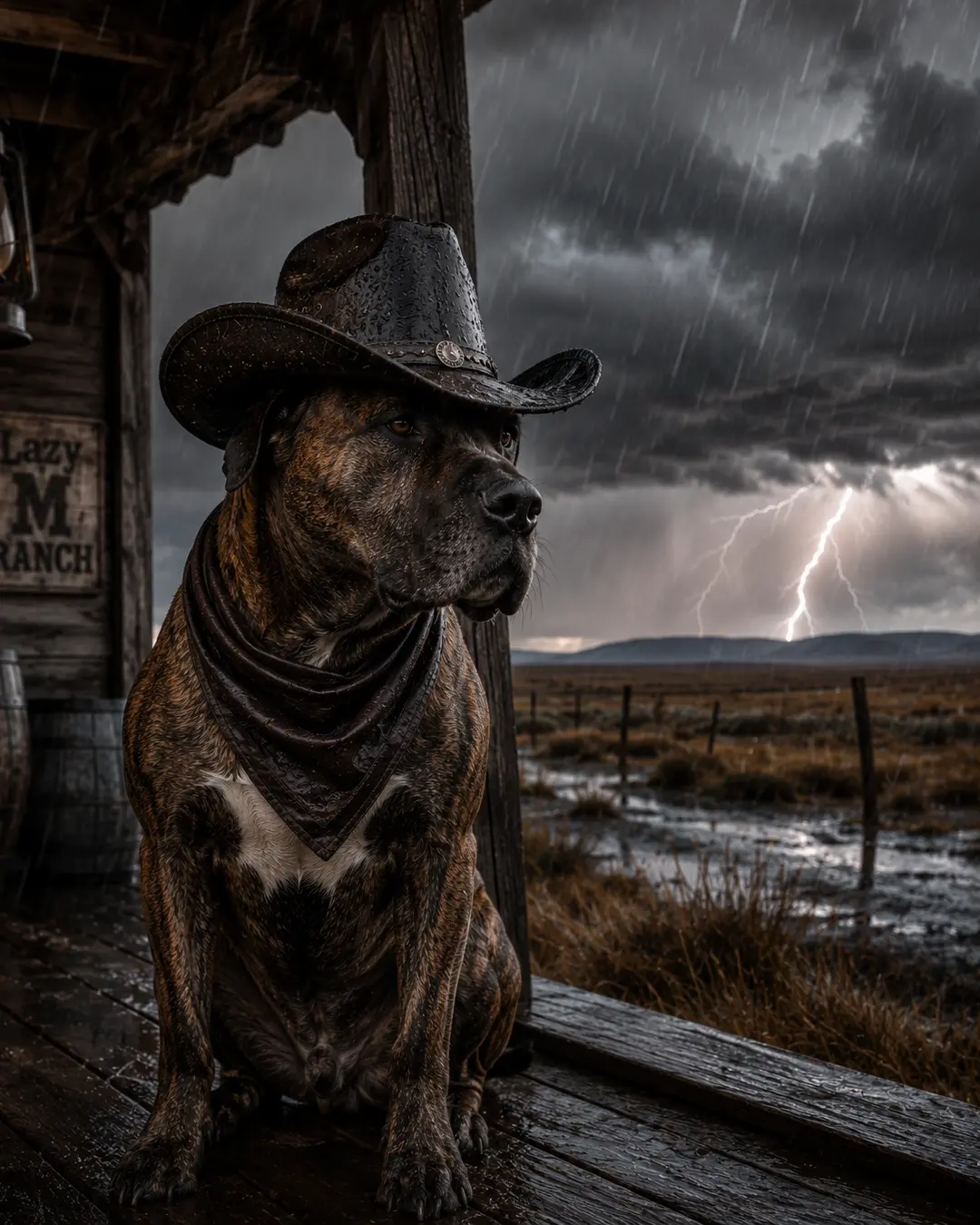 A rugged brindle dog in a rain-soaked cowboy hat sits on a ranch porch as lightning cuts through a dramatic prairie storm.