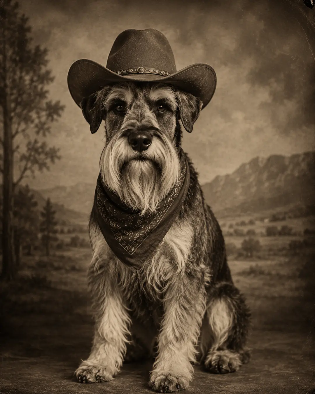 A Schnauzer in a cowboy hat and bandana poses like an Old West portrait, complete with sepia tones, worn edges and rugged mountain scenery.
