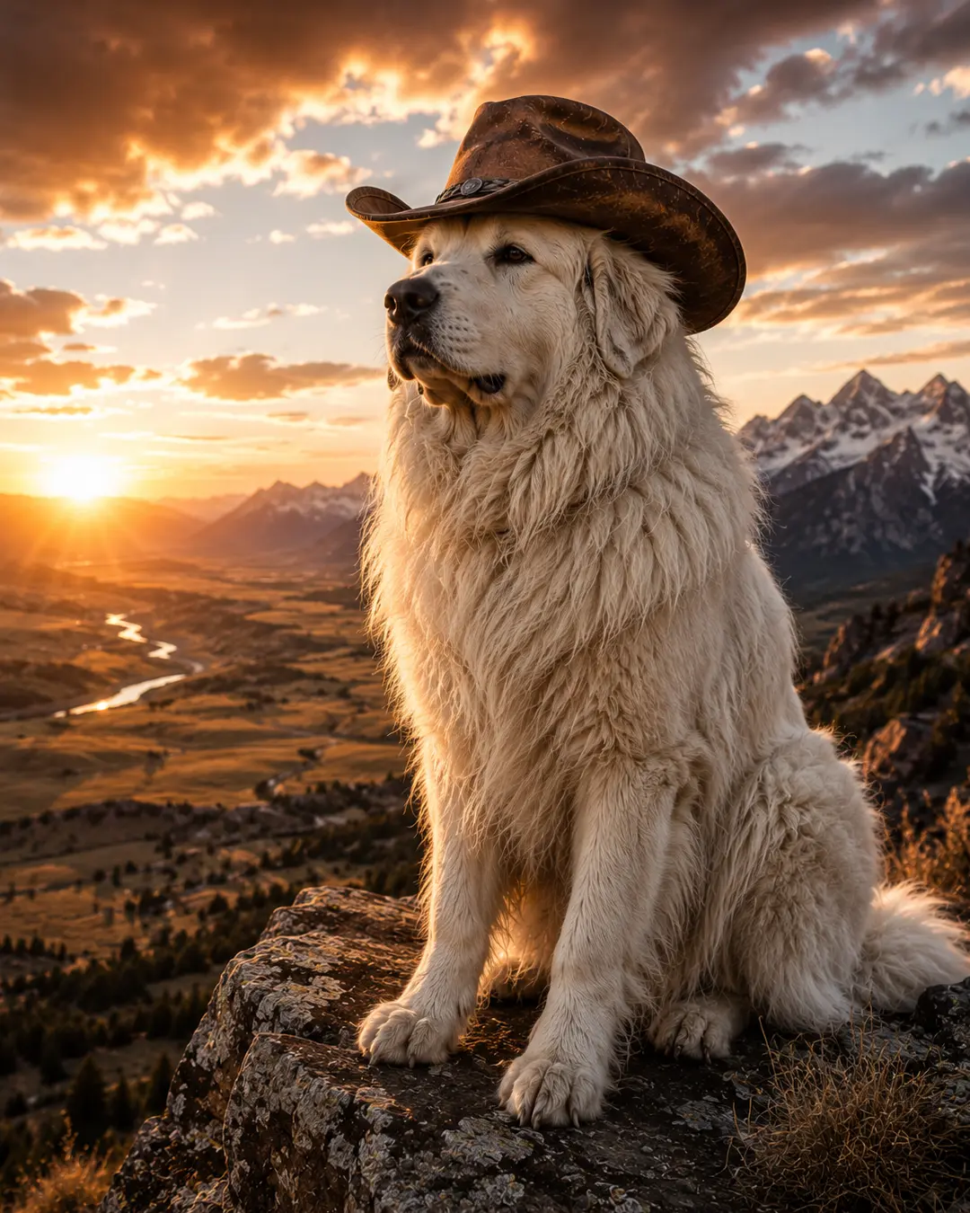 A majestic white mountain dog in a weathered cowboy hat sits high above a sweeping Western valley as the sun sets behind rugged peaks.