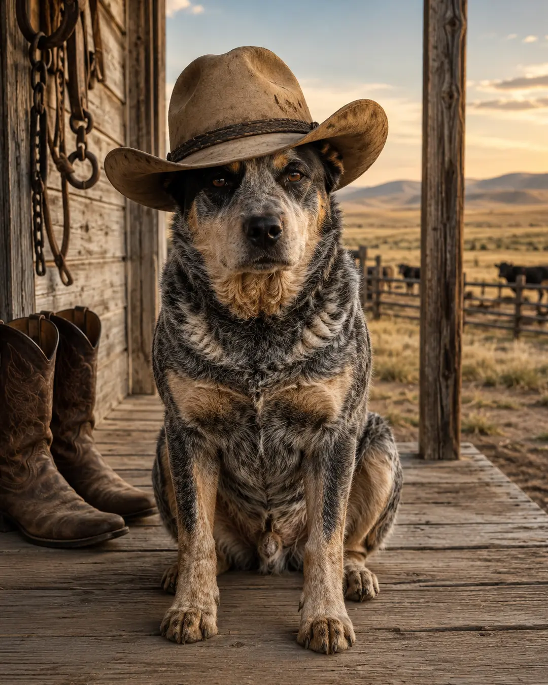A rugged cattle dog in a weathered cowboy hat sits on a ranch porch, framed by worn boots, tack, open prairie and warm evening light.