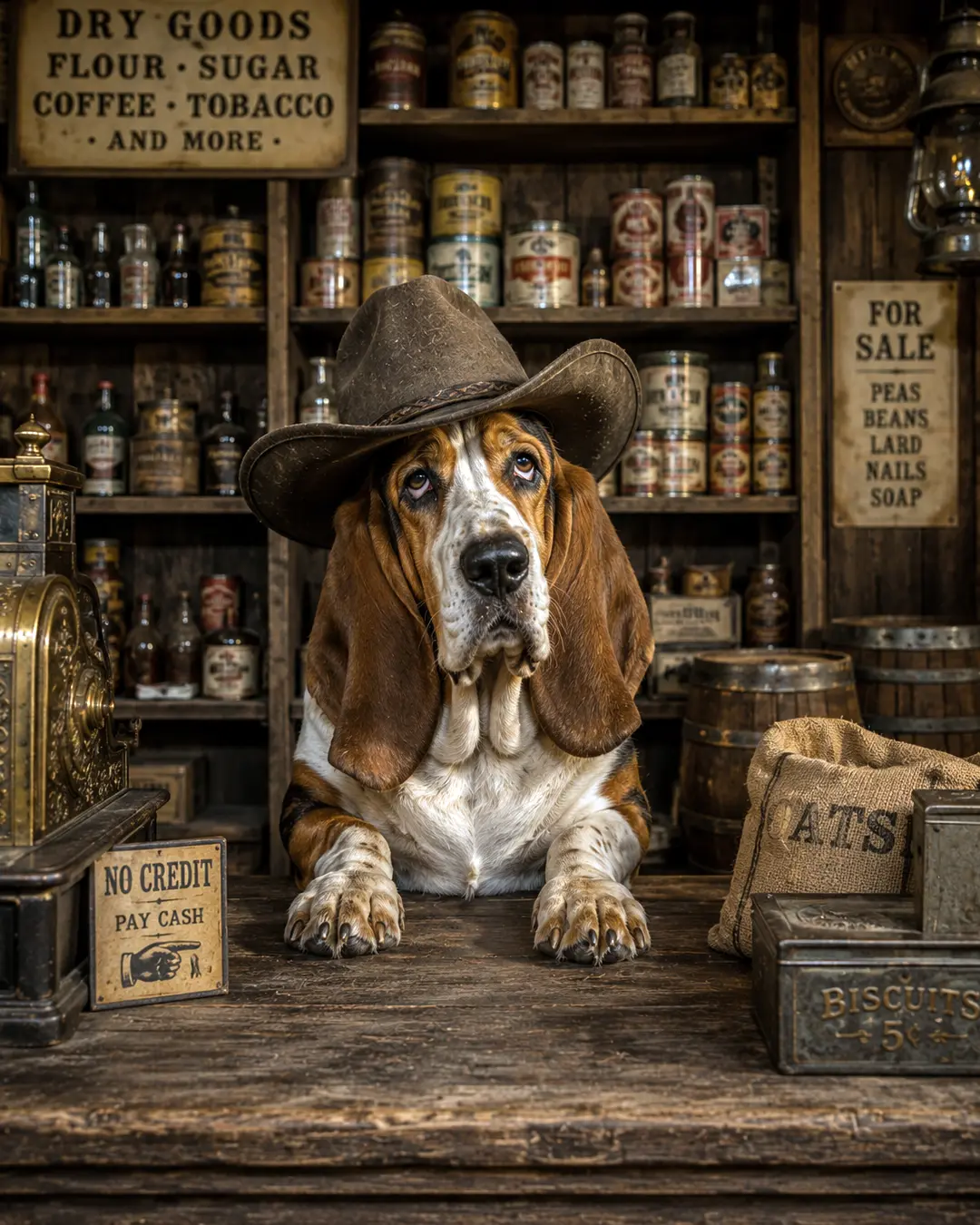 A soulful Basset Hound in a battered cowboy hat leans on the counter of an old Western general store packed with vintage goods.