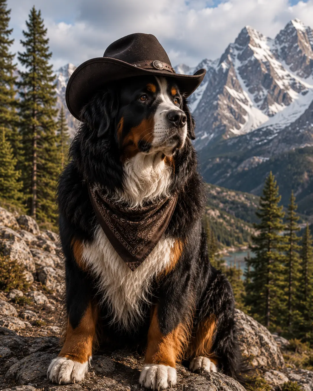 A majestic Bernese Mountain Dog in a black cowboy hat and bandana poses against a spectacular backdrop of snowy peaks and pine forest.