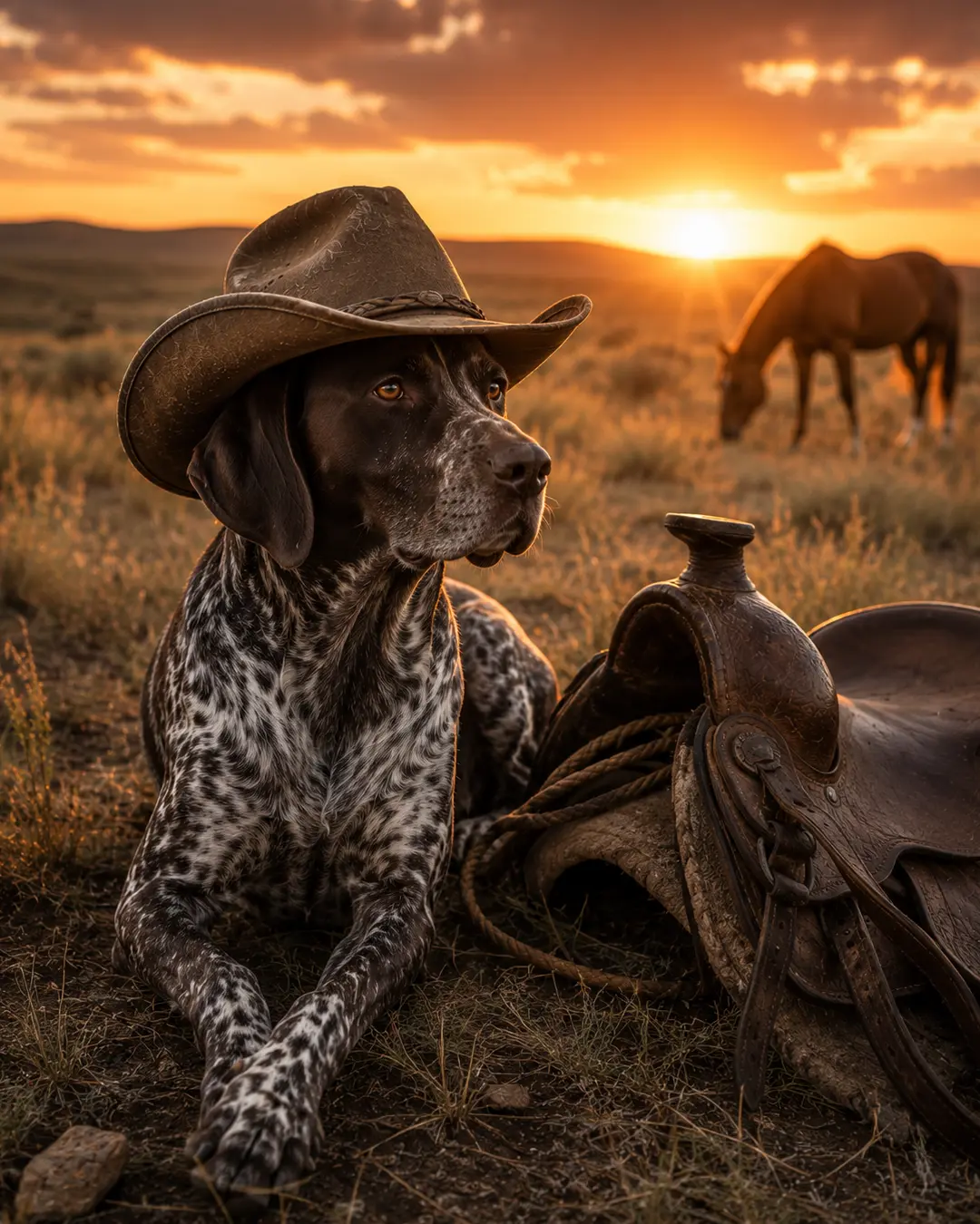 A speckled hunting dog in a weathered cowboy hat rests beside a saddle and rope as a horse grazes on the open range at sunset.