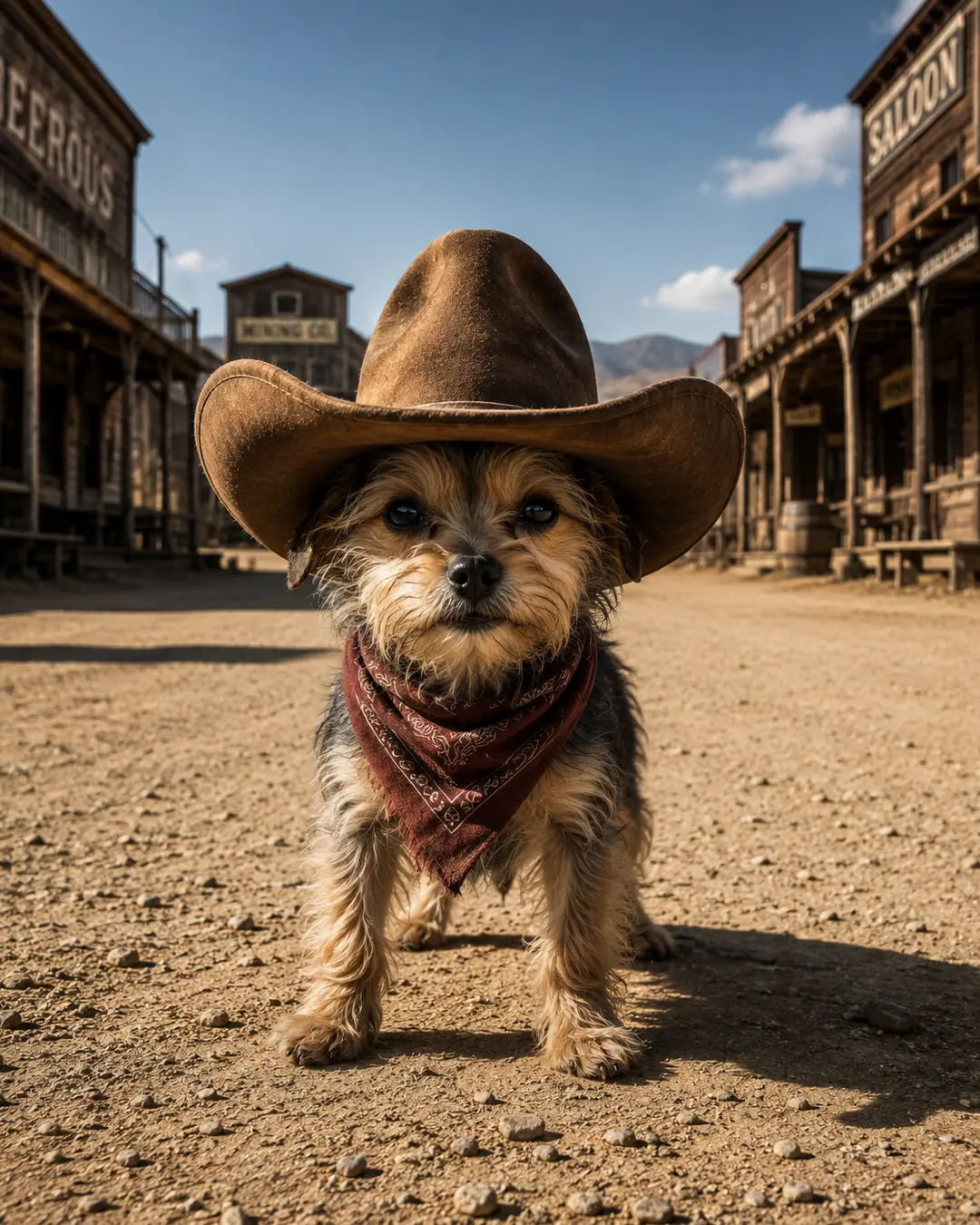 A tiny scruffy dog in an oversized cowboy hat and red bandana stands boldly in the middle of a dusty Old West town.