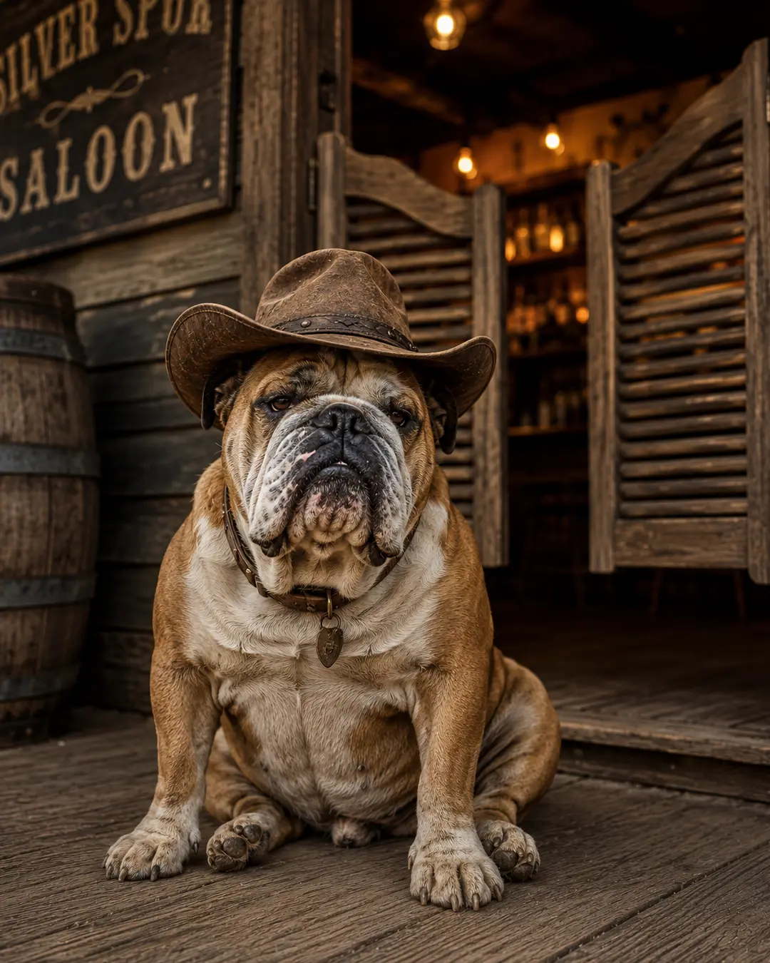 A stern English Bulldog in a battered cowboy hat sits outside an Old West saloon, framed by swinging doors and weathered wood.