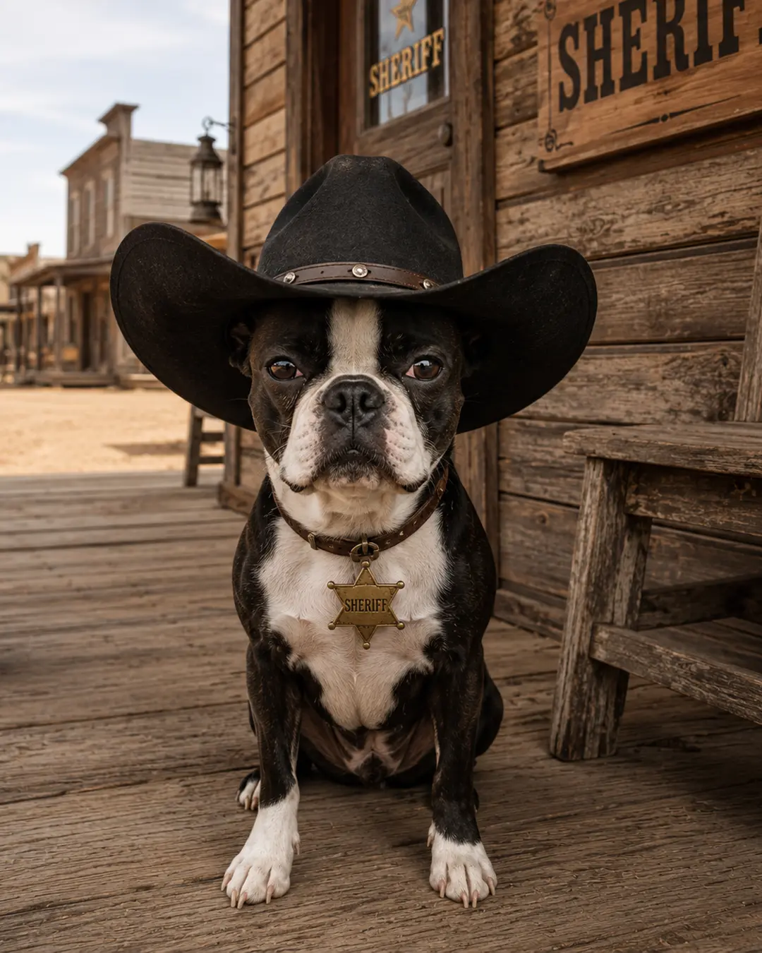 A serious Boston Terrier sheriff in an oversized black cowboy hat sits outside a weathered Old West sheriff’s office.