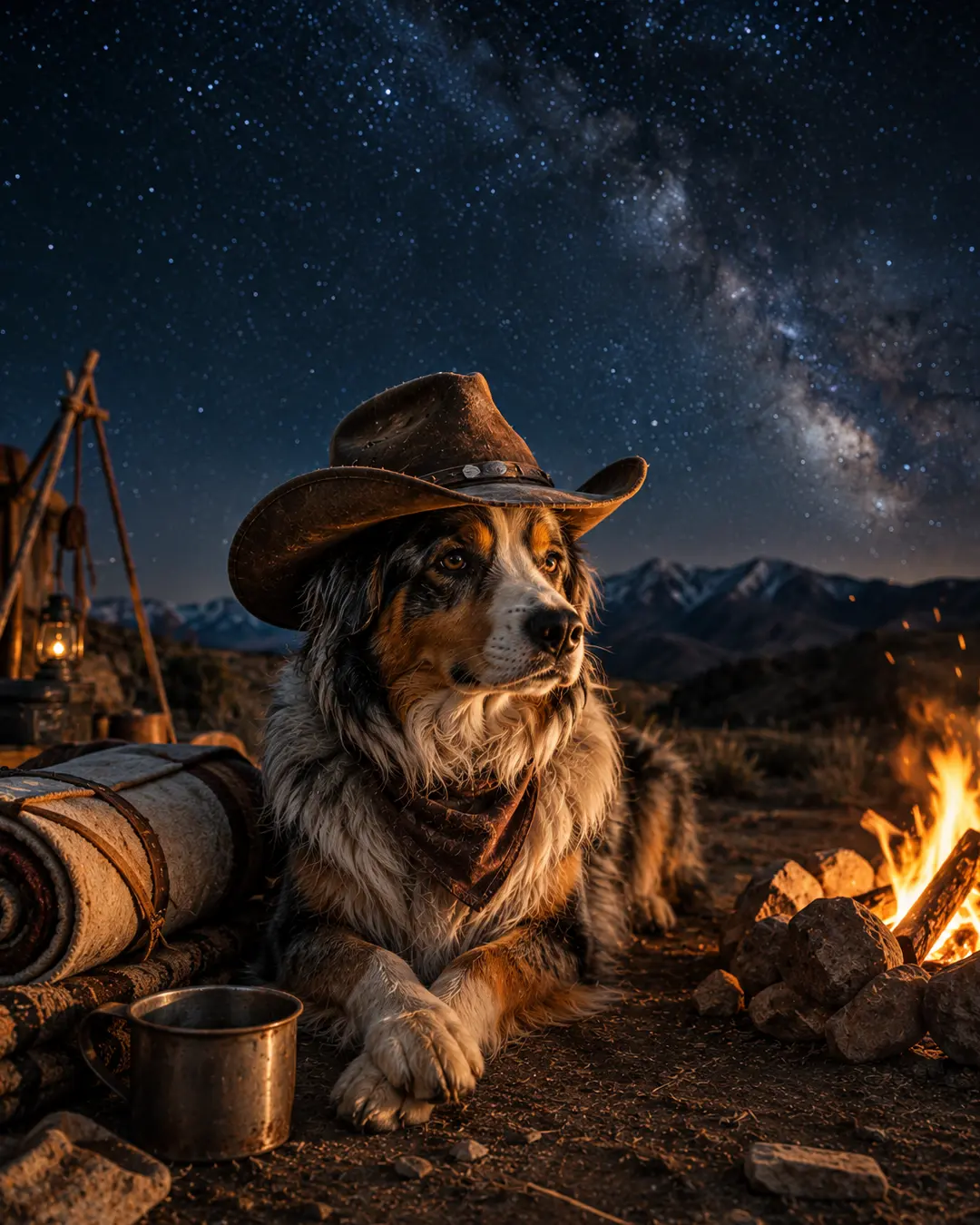 A cowboy dog rests beside a glowing campfire beneath the Milky Way, surrounded by rugged mountains, a bedroll and old trail gear.
