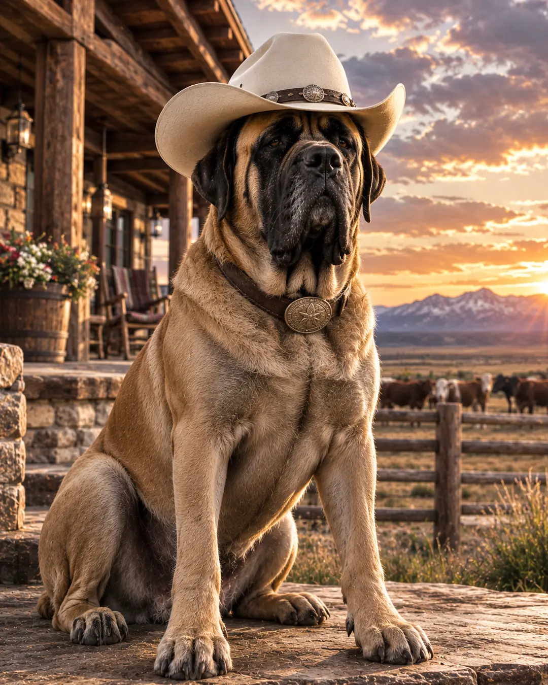 A massive Mastiff in a white cowboy hat sits proudly on a ranch porch at sunset, with cattle, mountains and glowing Western skies behind him.