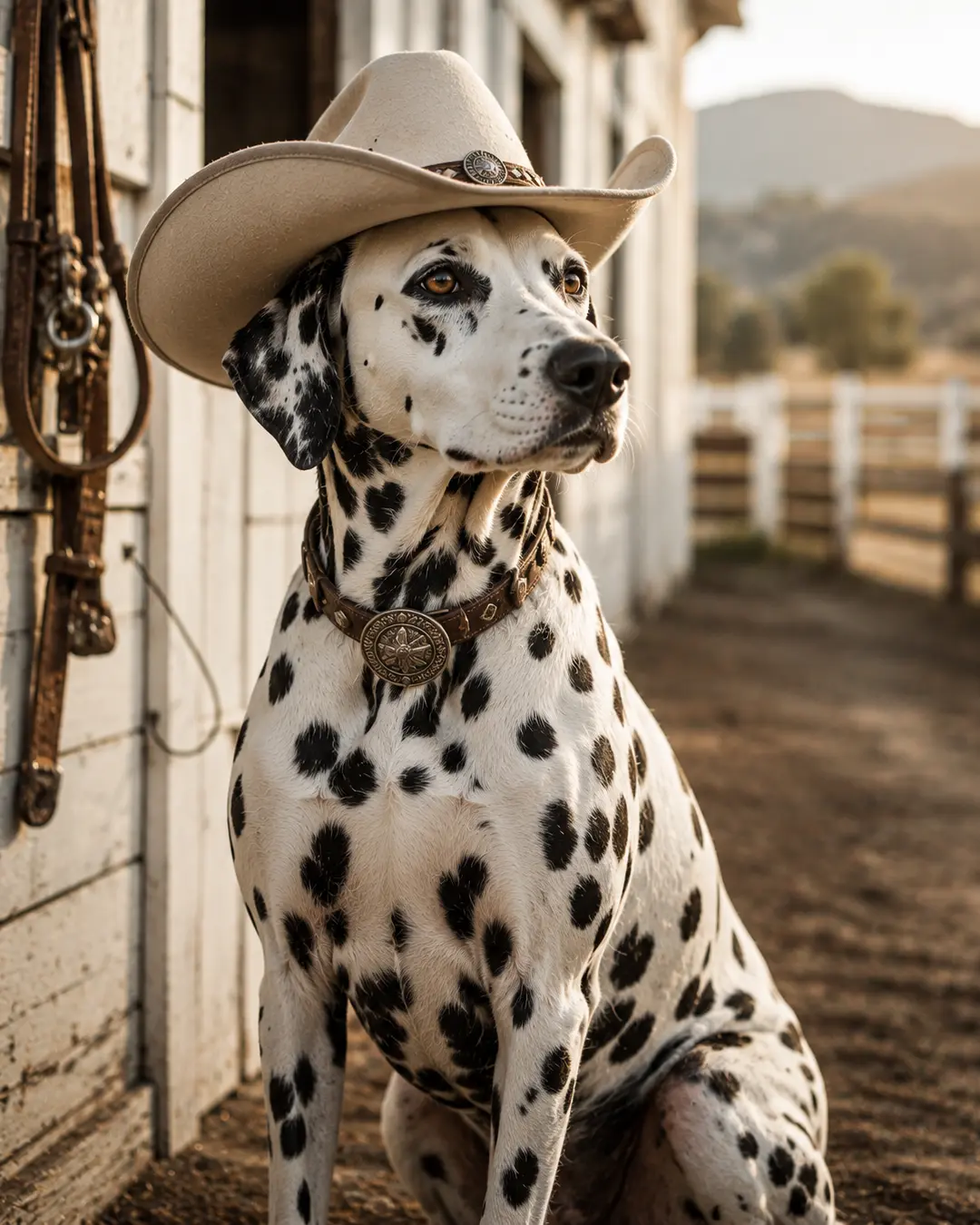 A handsome Dalmatian in a cream cowboy hat sits beside a ranch stable, with leather tack, fencing and sunlit mountains behind him.