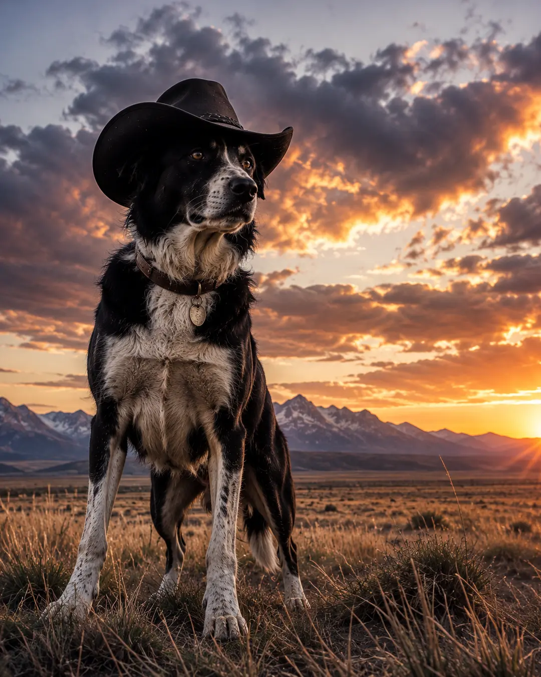 A Border Collie in a black cowboy hat stands proudly on open range as a spectacular sunset burns over distant mountains.