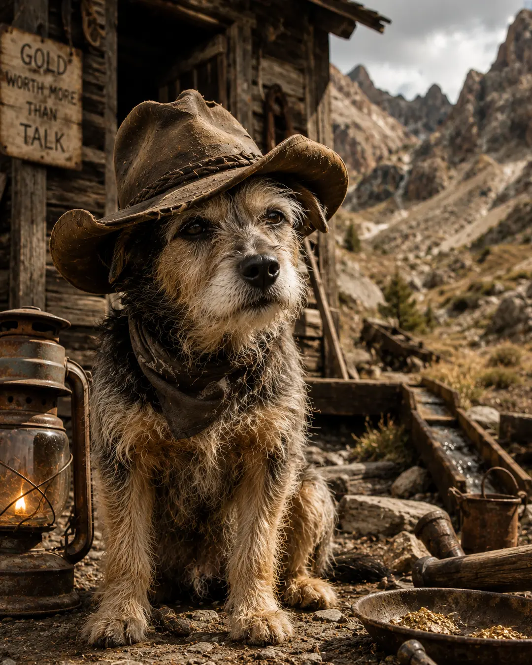 A scruffy cowboy dog in a battered hat sits at an old mountain gold mine, surrounded by lanterns, mining gear and a pan of gold.