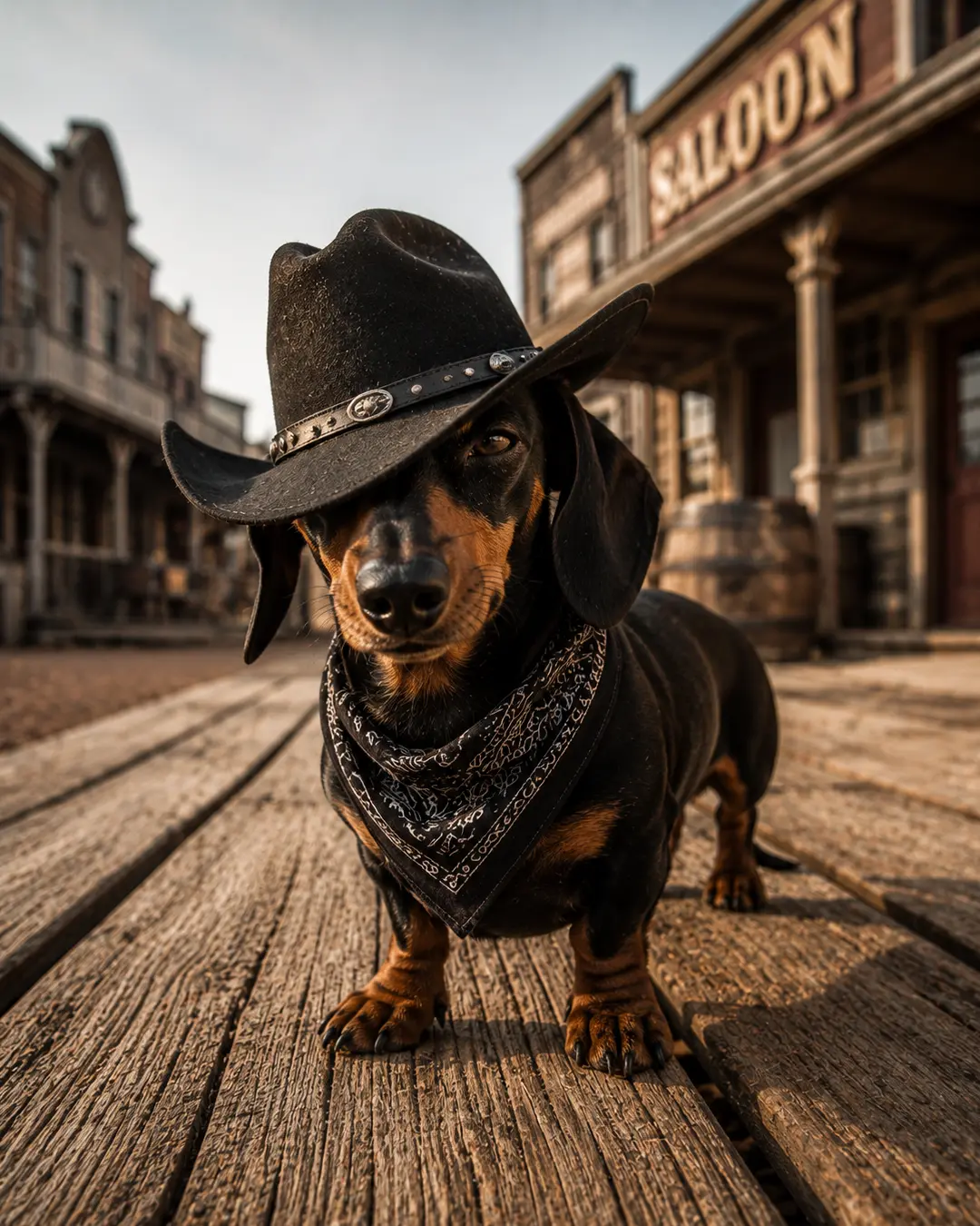 A determined Dachshund in a black cowboy hat and bandana stands on an Old West boardwalk outside a saloon.