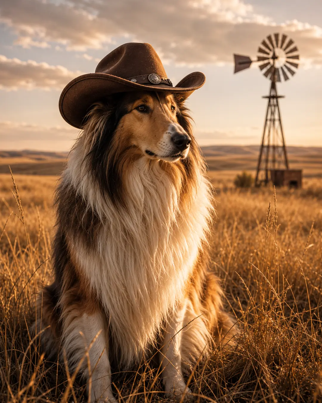 A majestic Collie in a brown cowboy hat sits in golden prairie grass beside a windmill, glowing in warm sunset light.