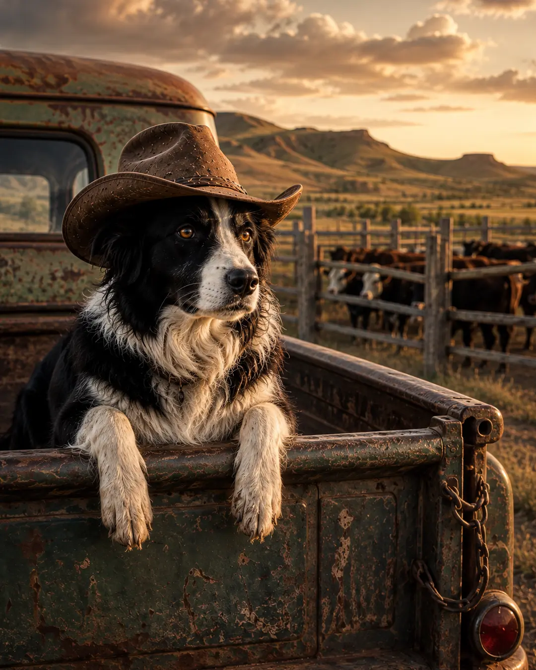 A Border Collie in a weathered cowboy hat leans from a rusty vintage pickup, overlooking cattle and open ranch country at sunset.