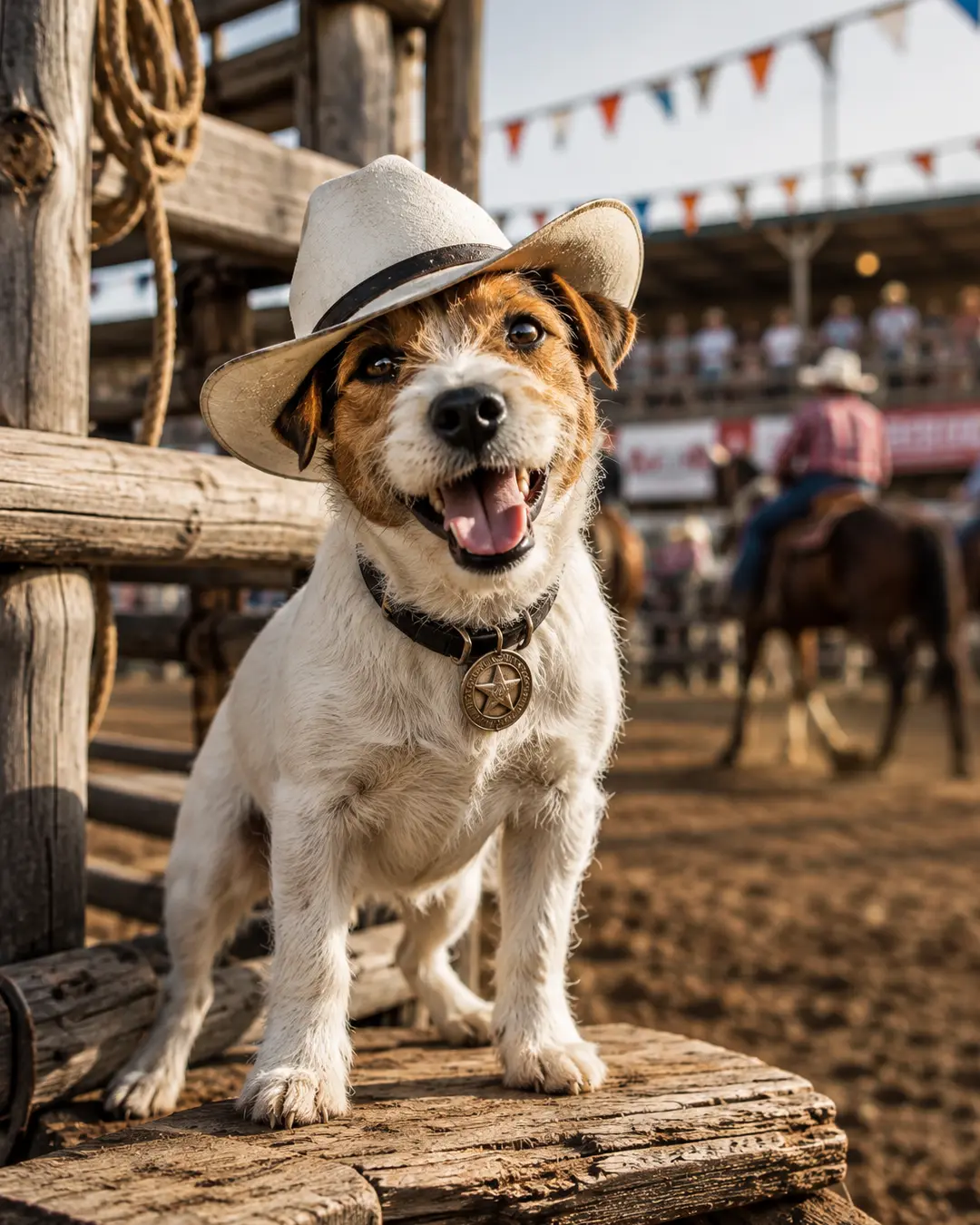 A cheerful Jack Russell Terrier in a white cowboy hat poses beside the rodeo arena, with riders, horses and spectators behind him.